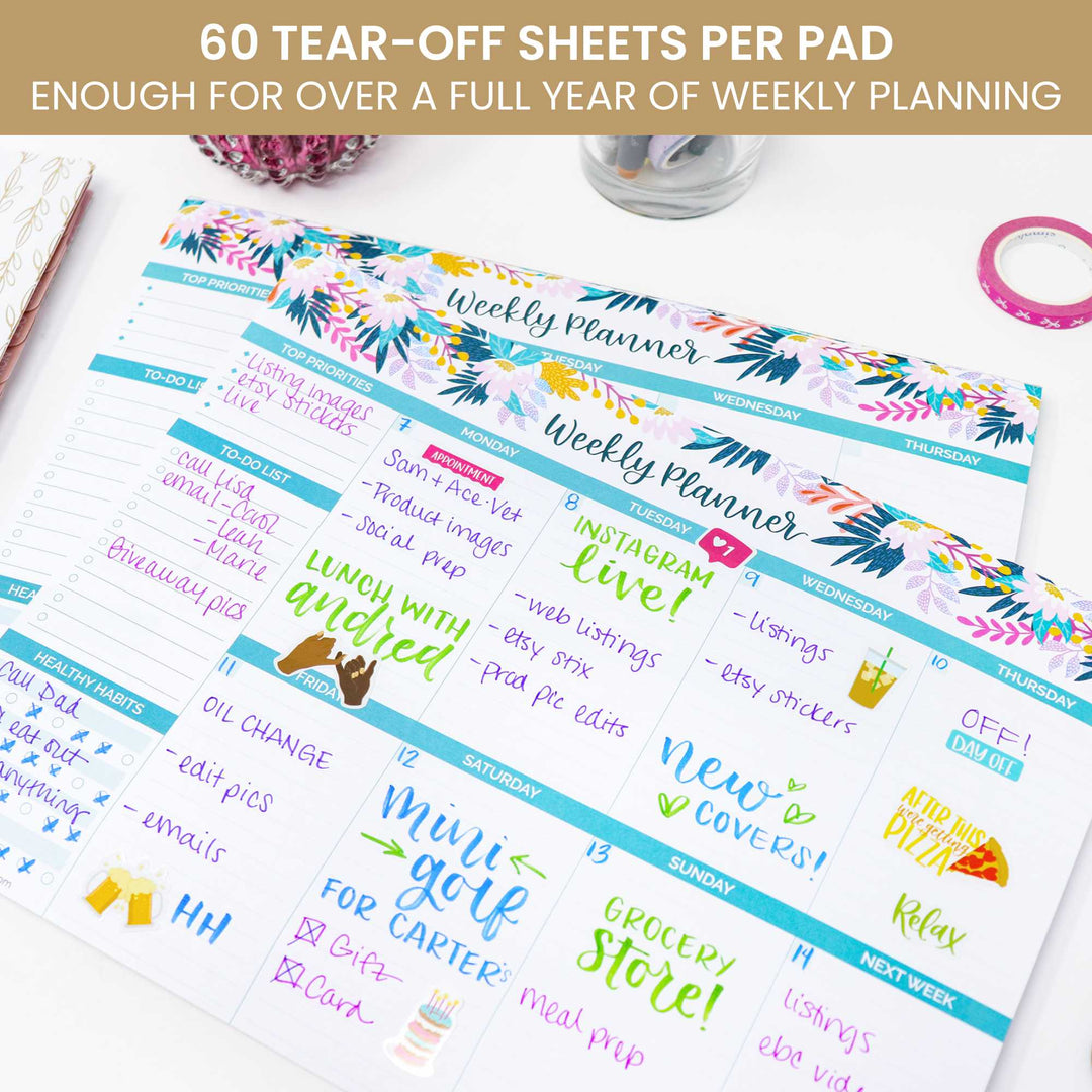 Planning Pad, 8.5" x 11", Horizontal Weekly Planner, Teal Floral
