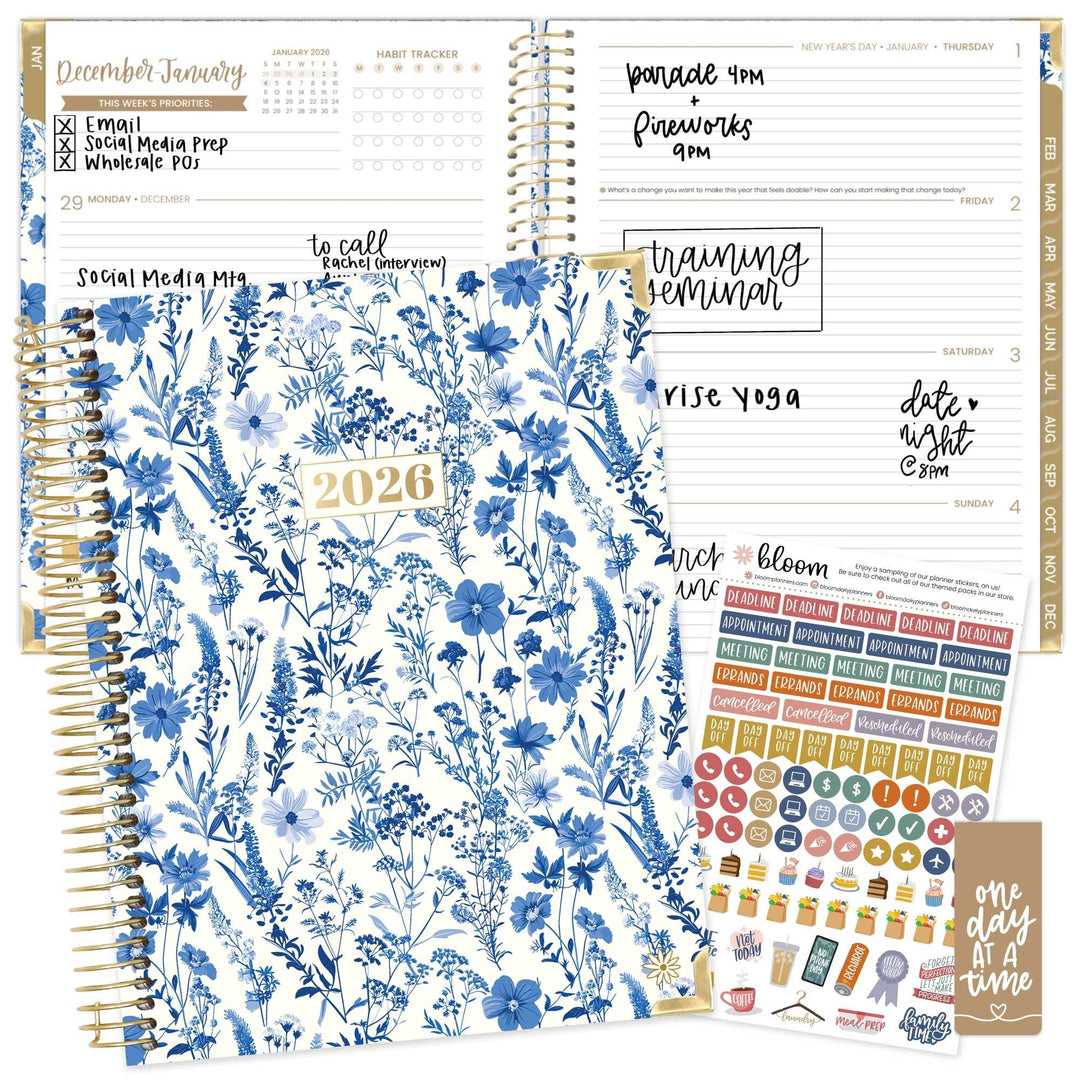 2026 Hard Cover Planner, 8.5" x 11", Blue & White Floral