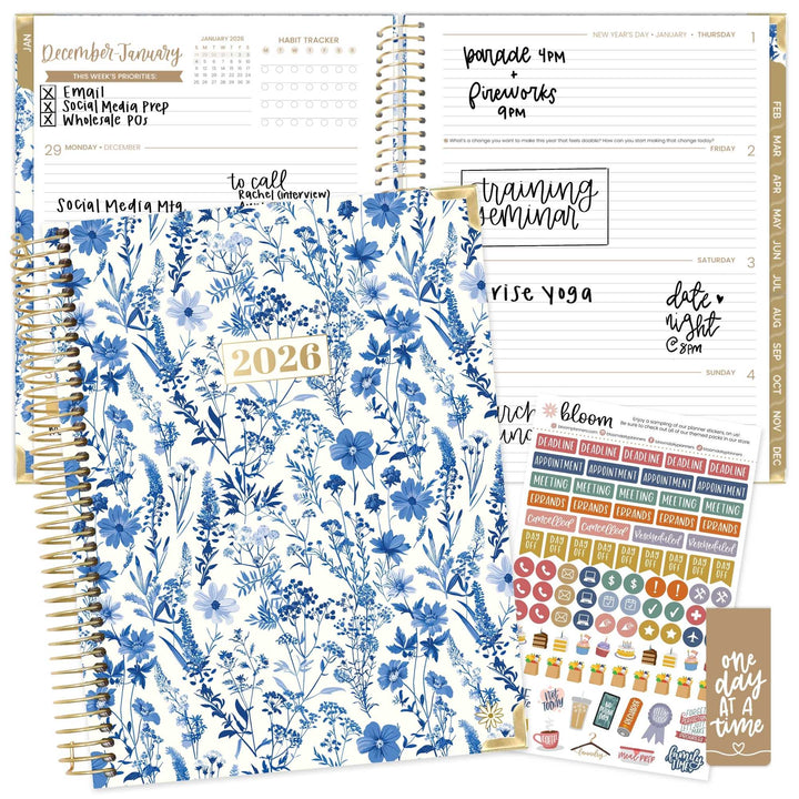 2026 Hard Cover Planner, 8.5" x 11", Blue & White Floral