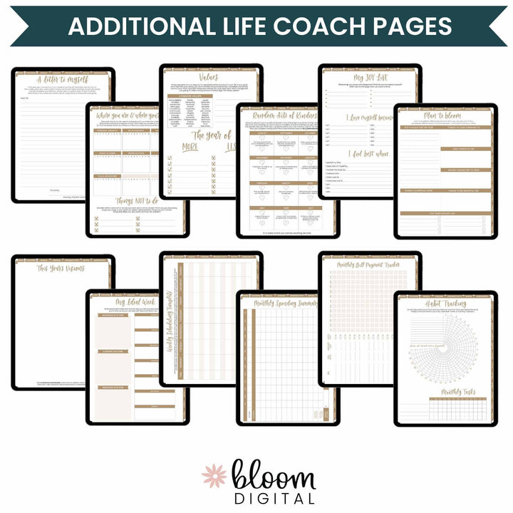 Digital planner pages for life coaching by Bloom Daily Planners, featuring various worksheets and templates.