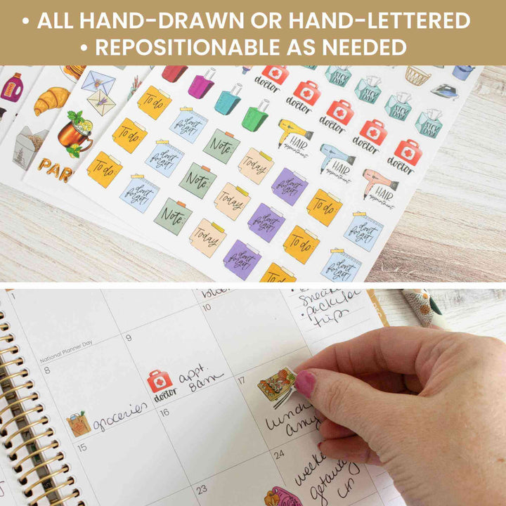 Planner Stickers, Hand-Drawn Everyday Essentials Pack