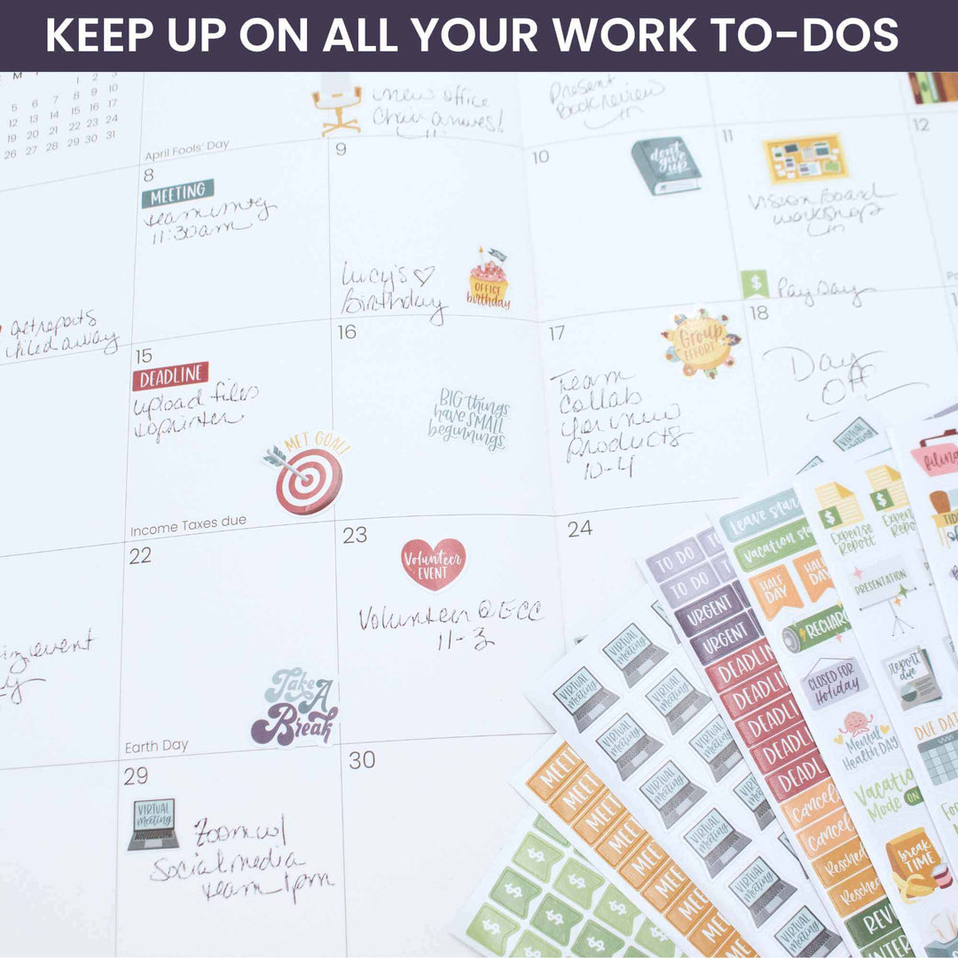 Bloom Workday Essentials Planner Sticker Pack with colorful designs for organizing office tasks and deadlines.