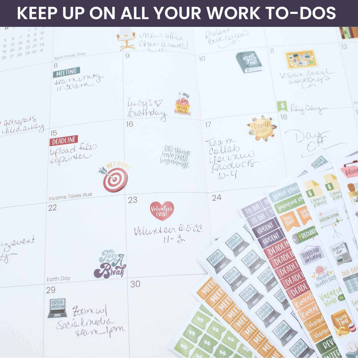 Bloom Workday Essentials Planner Sticker Pack with colorful designs for organizing office tasks and deadlines.