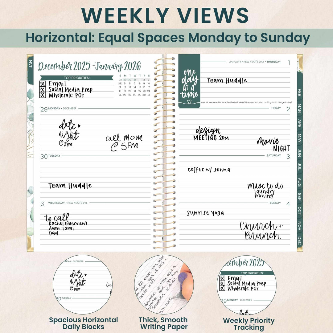 2026 Hard Cover Planner, 5.5" x 8.25", Eucalyptus, White
