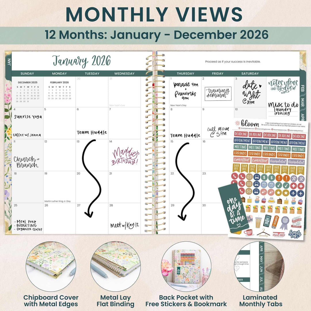 2026 Hard Cover Planner, 8.5" x 11", Garden Party, Beige