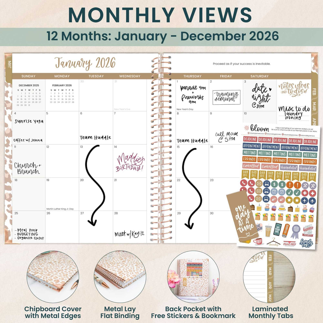 2026 Hard Cover Planner, 8.5" x 11", Tan Leopard