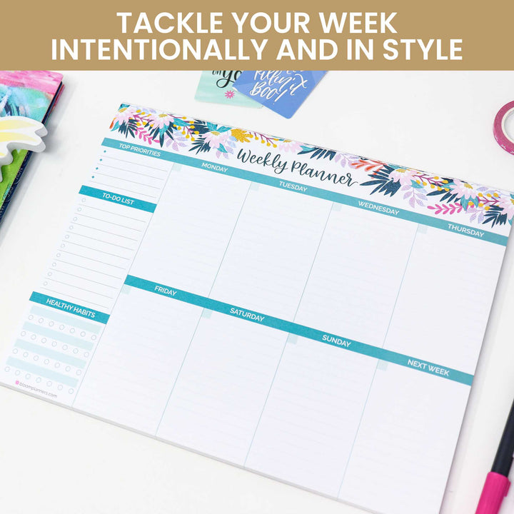 Planning Pad, 8.5" x 11", Horizontal Weekly Planner, Teal Floral