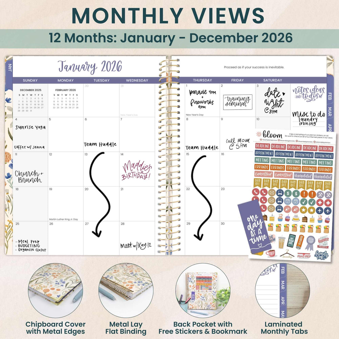 2026 Hard Cover Planner, 8.5" x 11", Whimsical Wildflowers