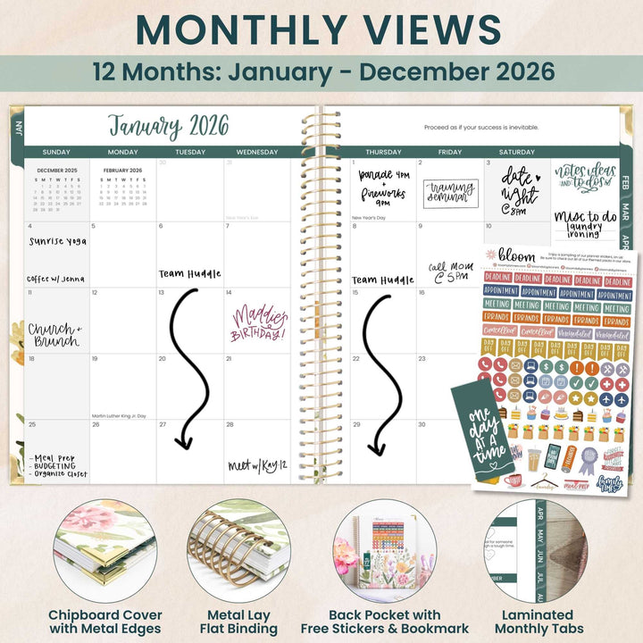 2026 Hard Cover Planner, 8.5" x 11", Beige Bouquet