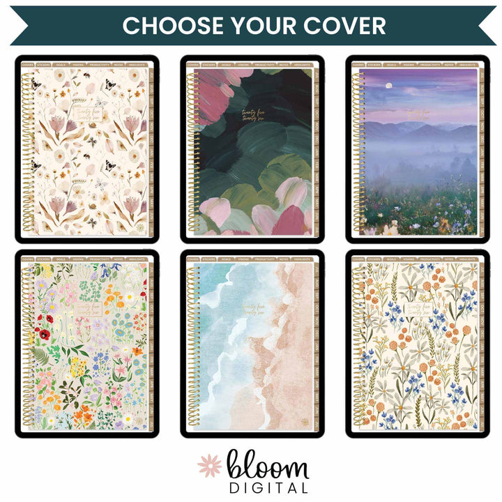 Choose your cover options for the 2025-26 digital planner by Bloom Daily Planners featuring various floral and scenic designs.