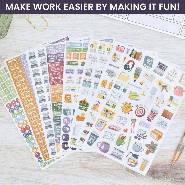 Bloom Workday Essentials Planner Stickers Pack displayed across 8 sheets for organizing office tasks and meetings.