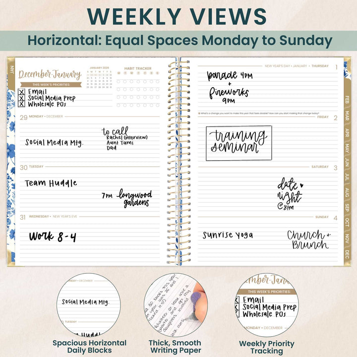 2026 Hard Cover Planner, 8.5" x 11", Blue & White Floral