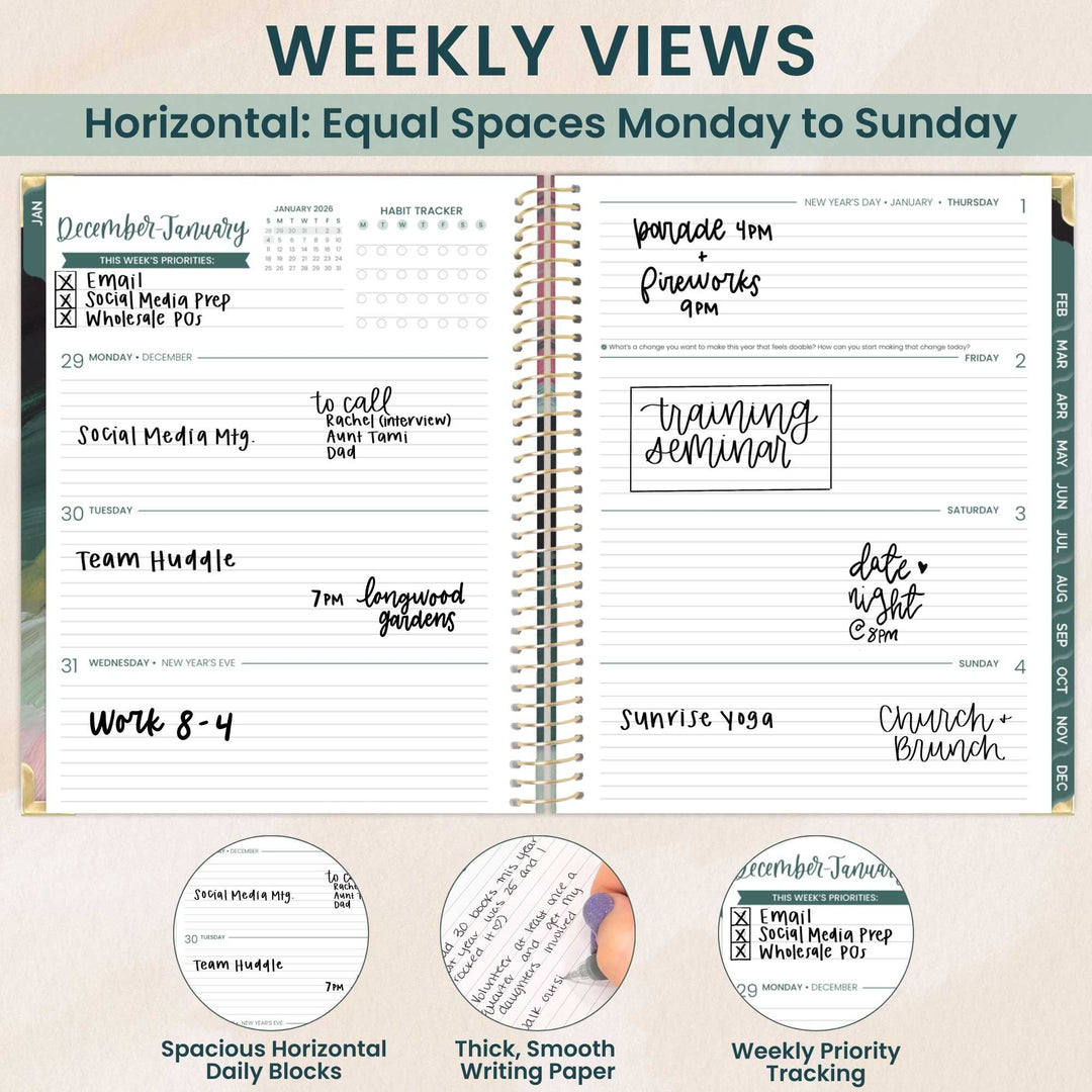 2026 Hard Cover Planner, 8.5" x 11", Emerald Paint Strokes