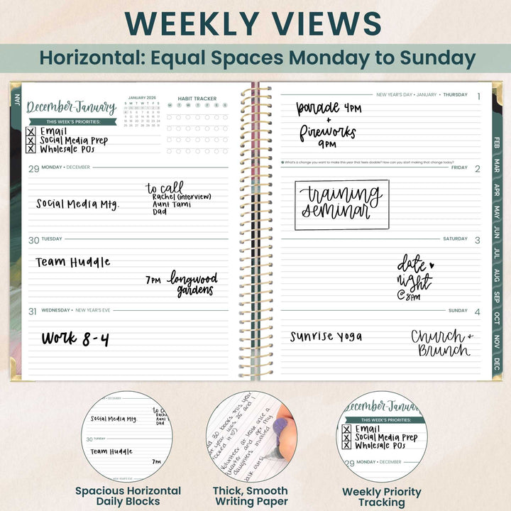 2026 Hard Cover Planner, 8.5" x 11", Emerald Paint Strokes