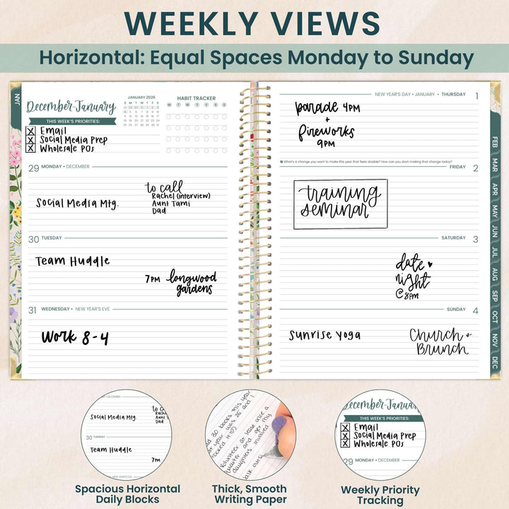 2026 Hard Cover Planner, 8.5" x 11", Garden Party, Beige