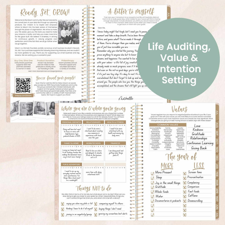 Life auditing and intention setting pages from a planner, featuring growth prompts and value reflection.