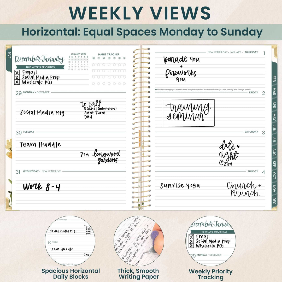 2026 Hard Cover Planner, 8.5" x 11", Beige Bouquet