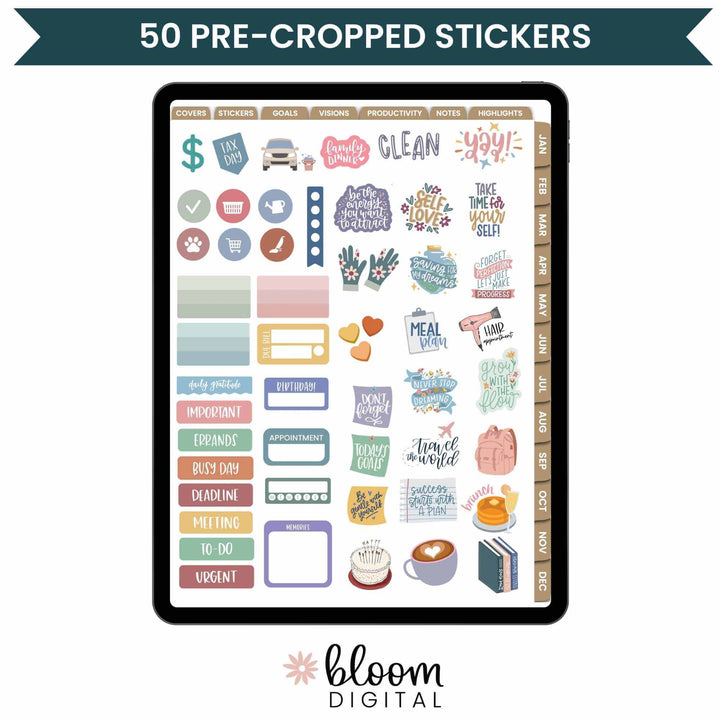 Digital planner stickers featuring 50 pre-cropped designs for GoodNotes and other note-taking apps.