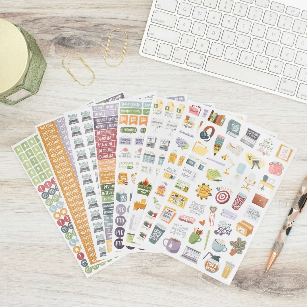 Bloom Workday Essentials Planner Stickers Pack with 802 stickers across 8 sheets for organizing tasks.