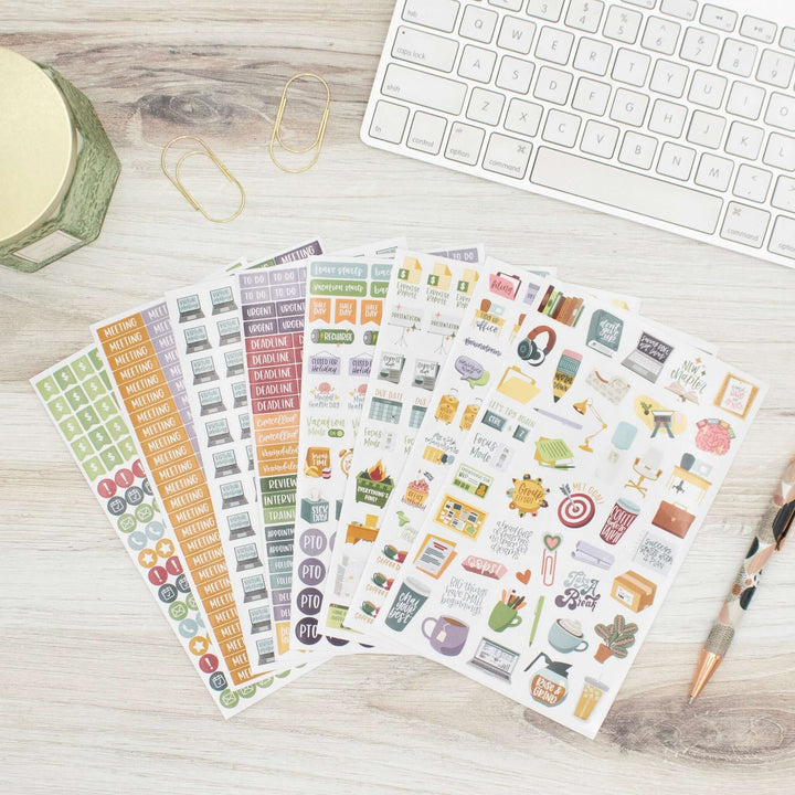Bloom Workday Essentials Planner Stickers Pack with 802 stickers across 8 sheets for organizing tasks.