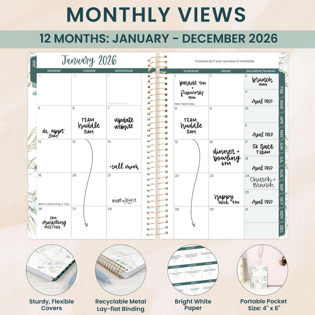 2026 Soft Cover Planner, 4" x 6", Eucalyptus, White