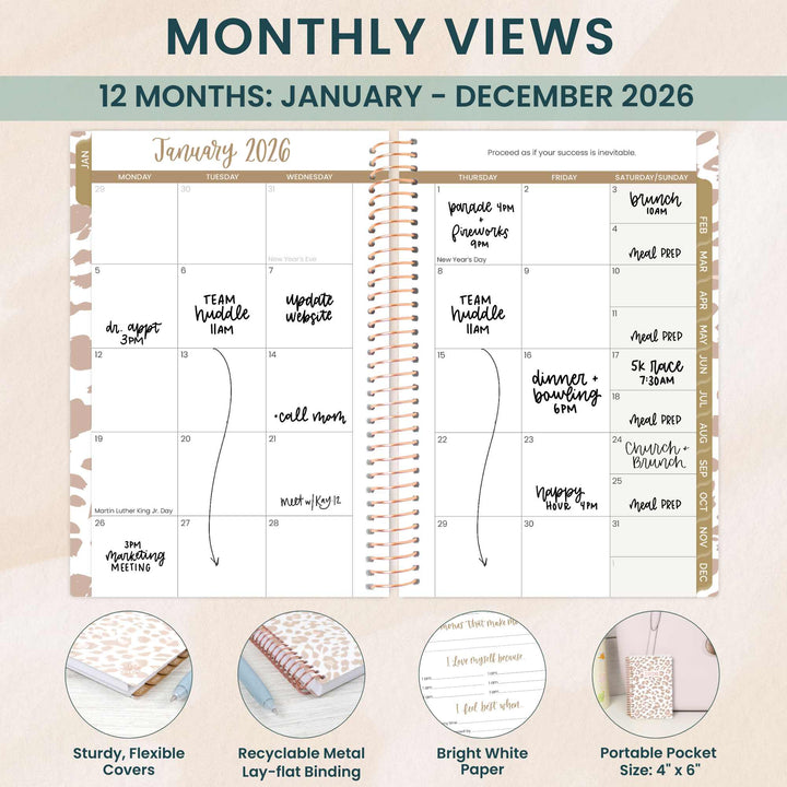 2026 Soft Cover Planner, 4" x 6", Tan Leopard