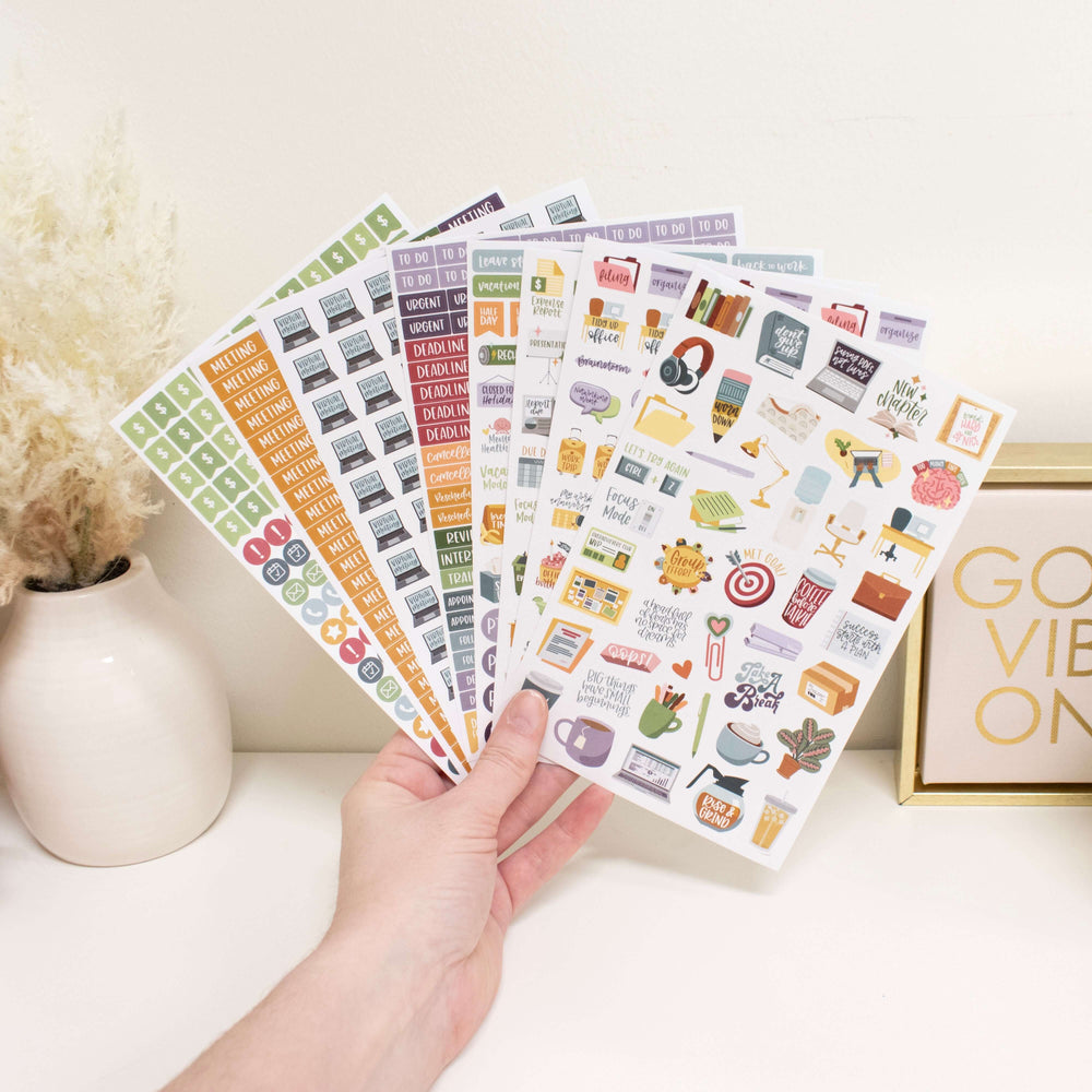 Bloom Workday Essentials Planner Stickers Pack featuring 8 colorful sheets for organizing tasks and meetings.