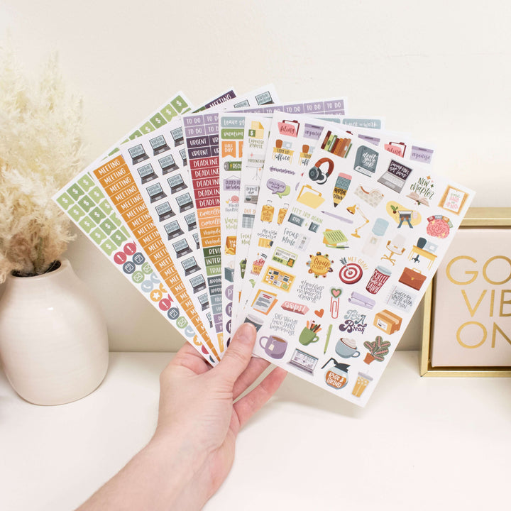 Bloom Workday Essentials Planner Stickers Pack featuring 8 colorful sheets for organizing tasks and meetings.
