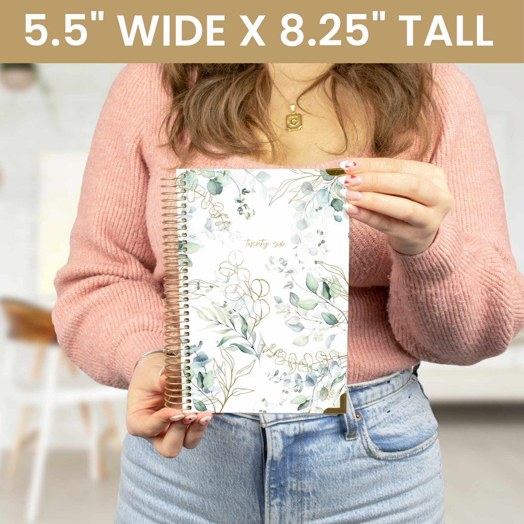 2026 Hard Cover Planner, 5.5" x 8.25", Eucalyptus, White