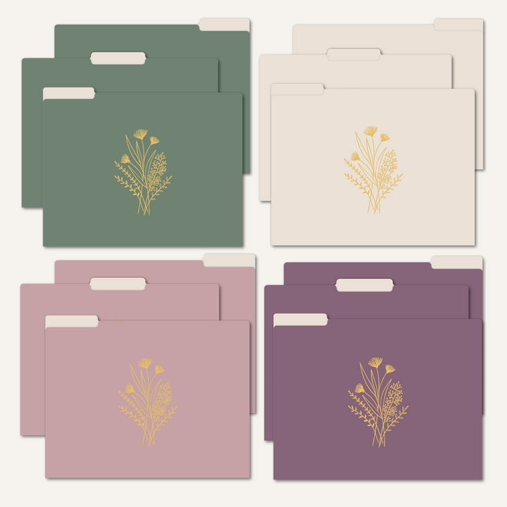 File Folder Set, 12 Pack, Gold Foil Florals