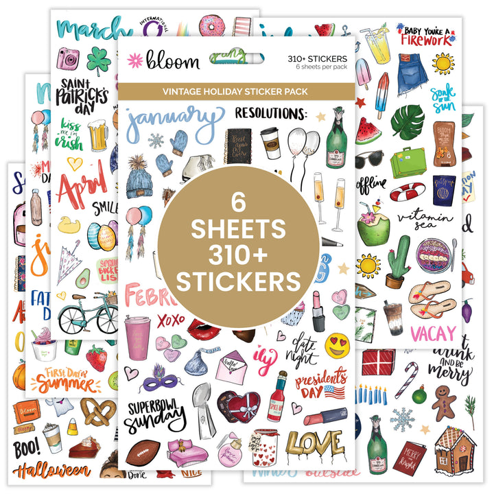 Vintage holiday hand-drawn planner stickers pack featuring 6 sheets and over 310 stickers for seasonal decoration.