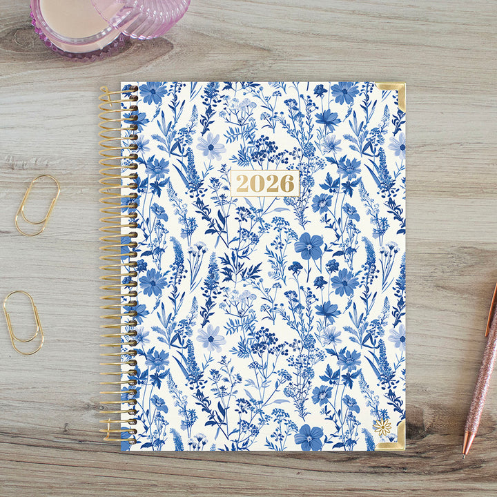 2026 Hard Cover Planner, 8.5" x 11", Blue & White Floral