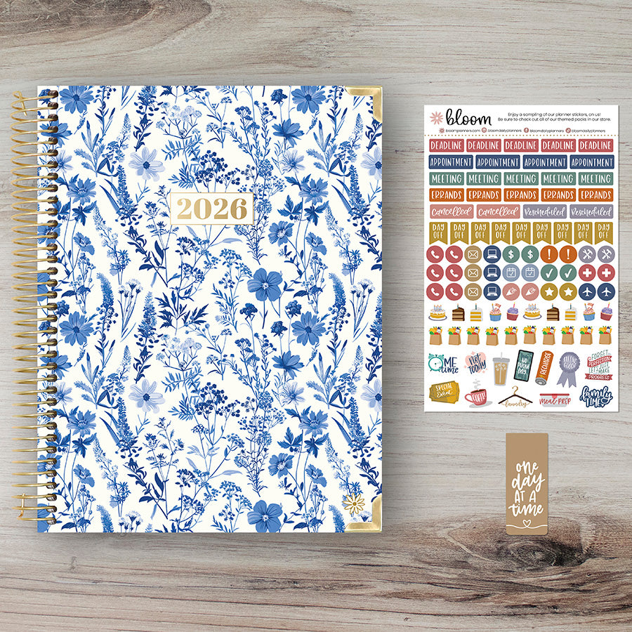 2026 Hard Cover Planner, 8.5" x 11", Blue & White Floral