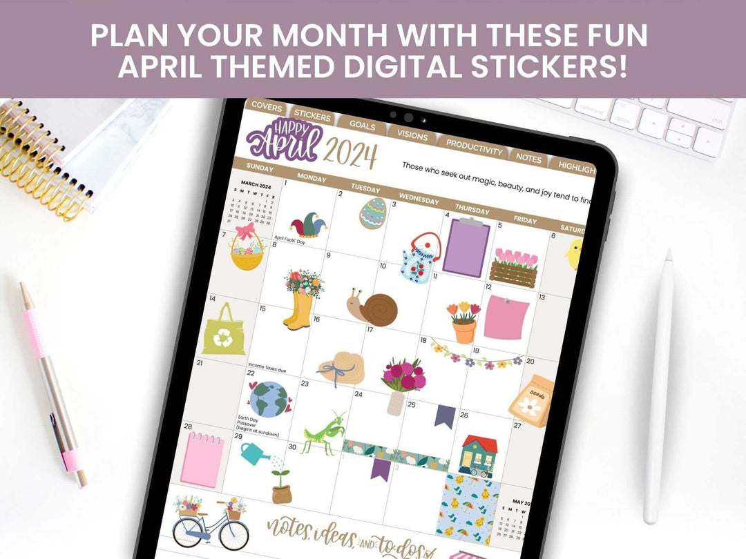 Digital Planner Stickers, Monthly Mini Pack, April