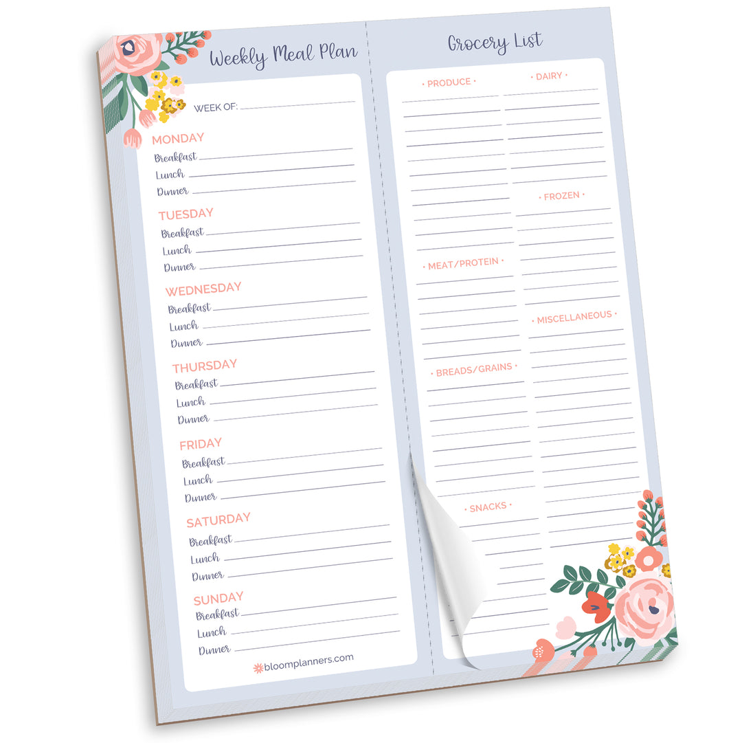 Planning Pad, 8.5" x 11", Meal & Grocery Pad with Magnets, Blue Floral