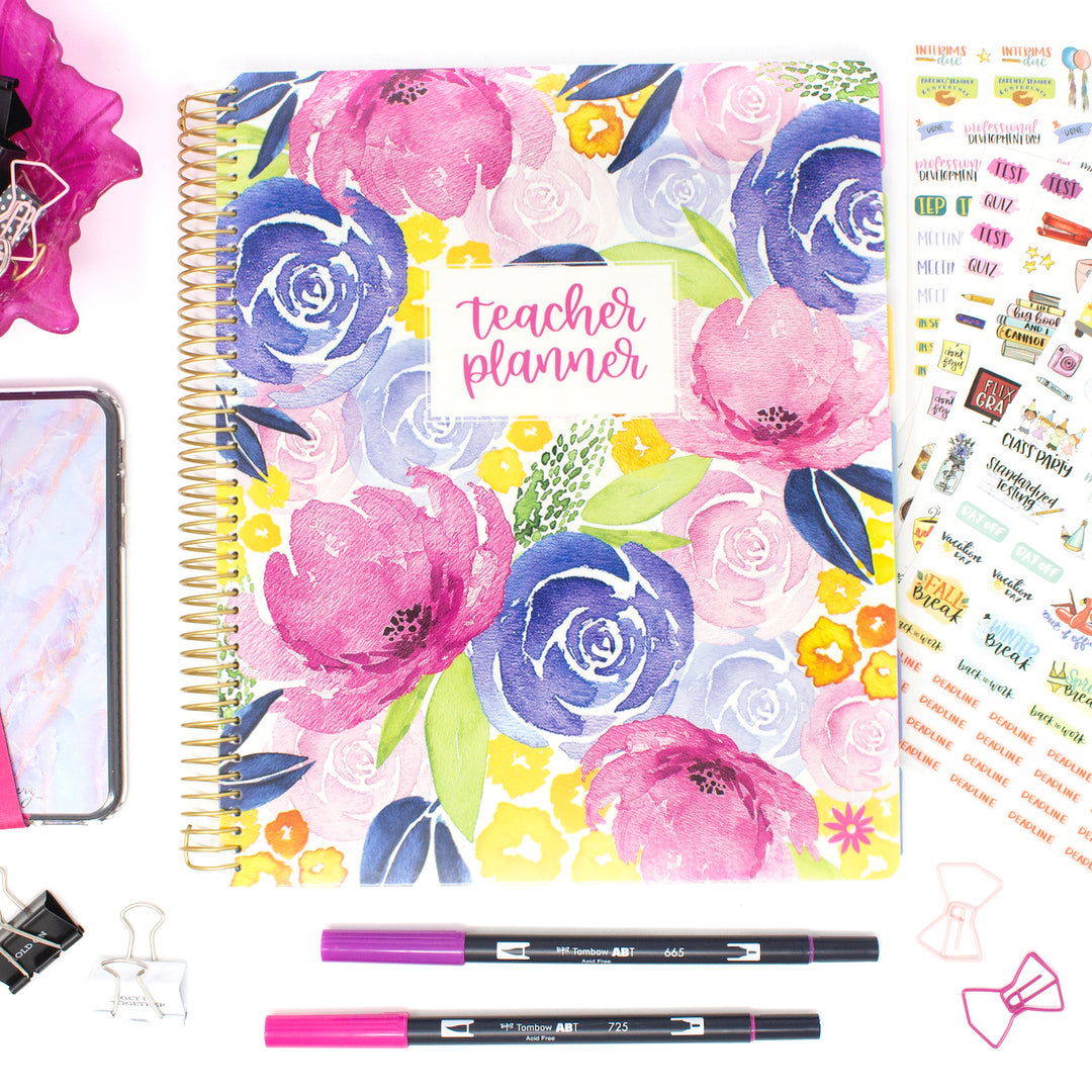 Undated Teacher Planner & Calendar, Watercolor Floral