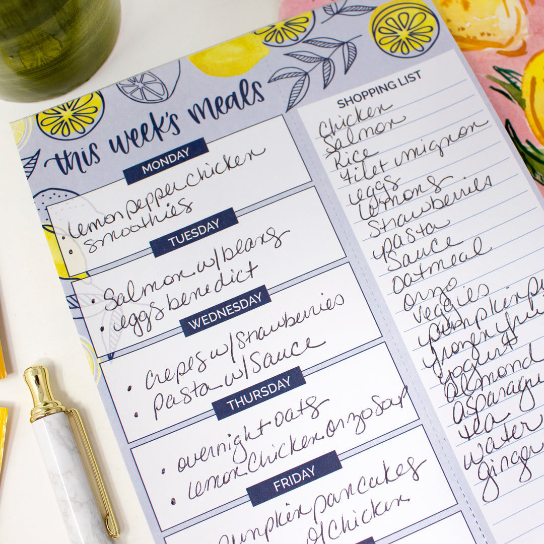 Planning Pad, 6" x 9", Meal Planning Pad with Magnets, Blue Lemons