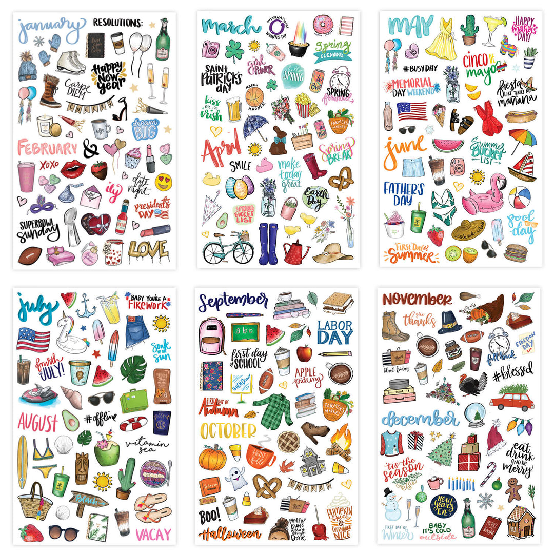 Vintage holiday hand-drawn planner stickers featuring seasonal designs for each month of the year.