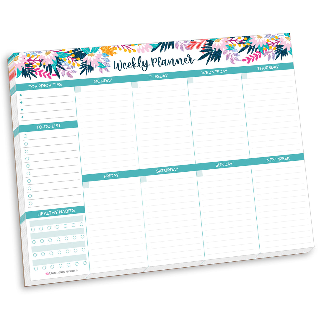 Planning Pad, 8.5" x 11", Horizontal Weekly Planner, Teal Floral