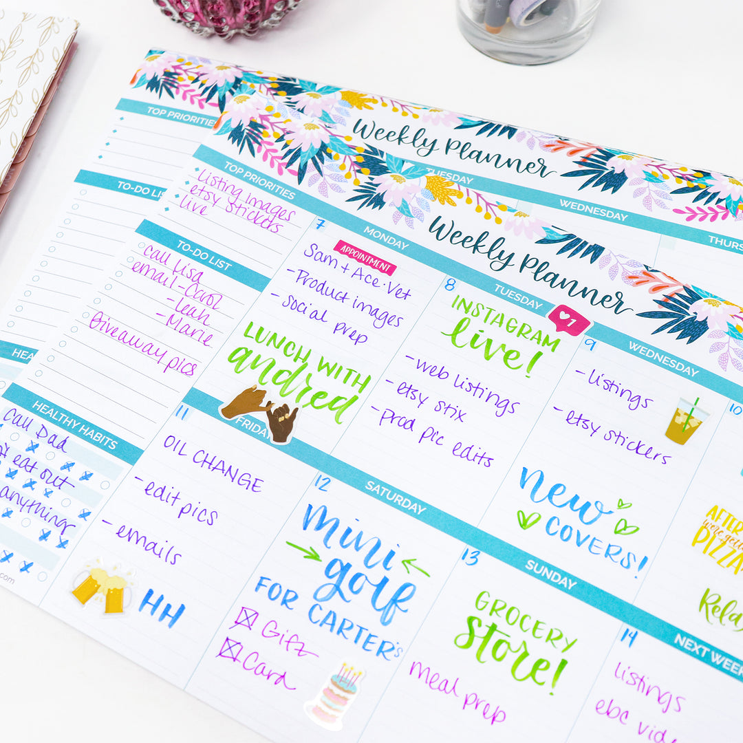 Planning Pad, 8.5" x 11", Horizontal Weekly Planner, Teal Floral