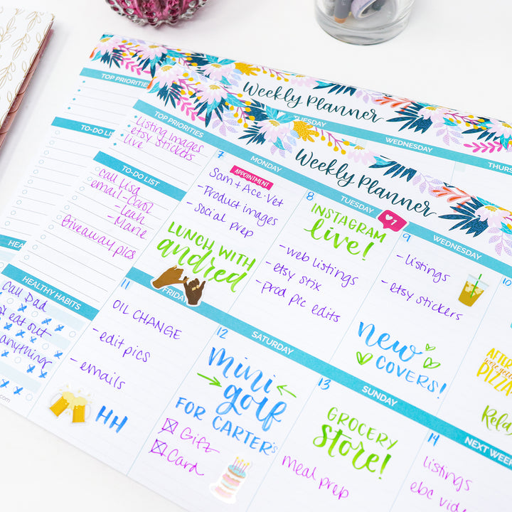 Planning Pad, 8.5" x 11", Horizontal Weekly Planner, Teal Floral