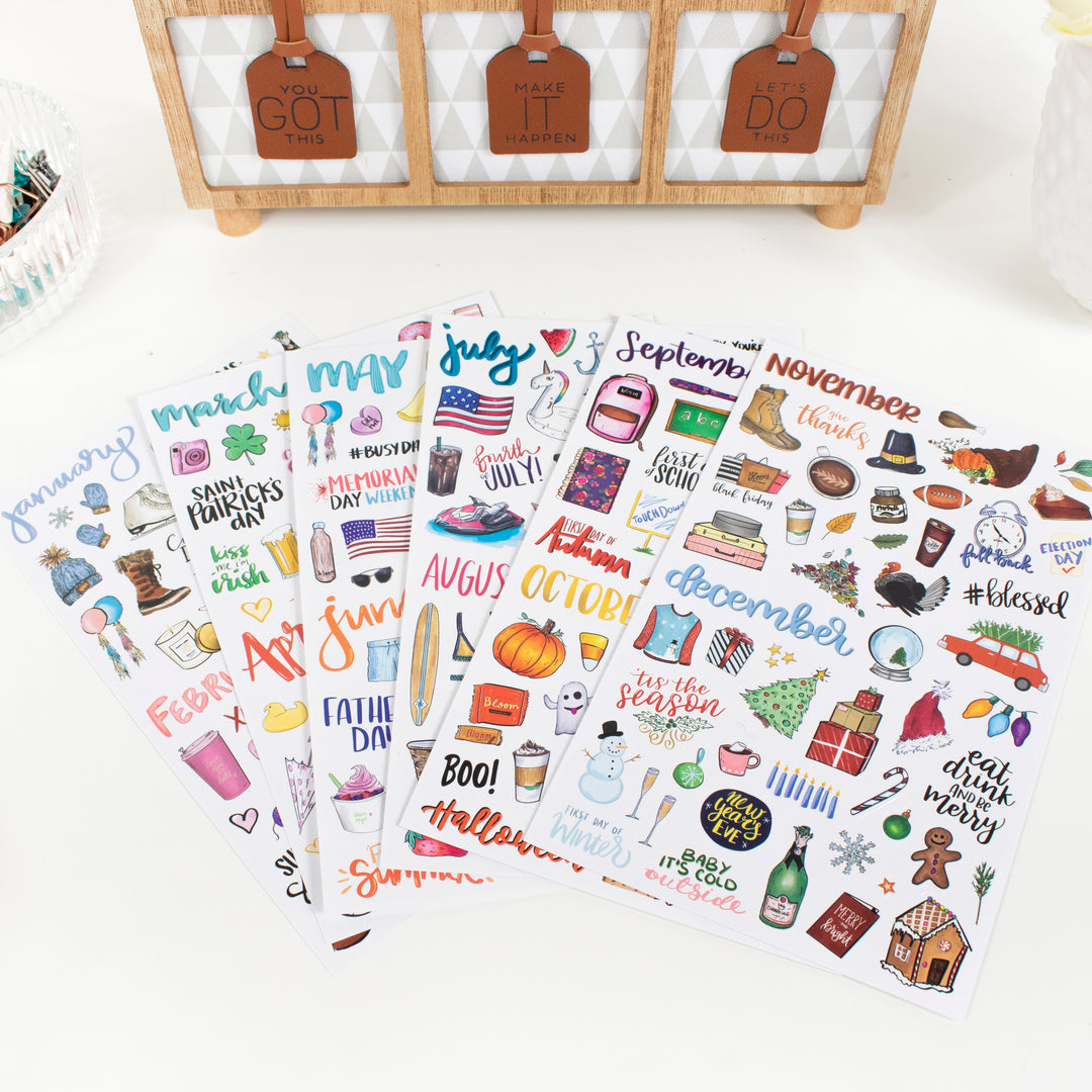 Vintage holiday hand-drawn planner stickers pack showcasing seasonal designs for each month.