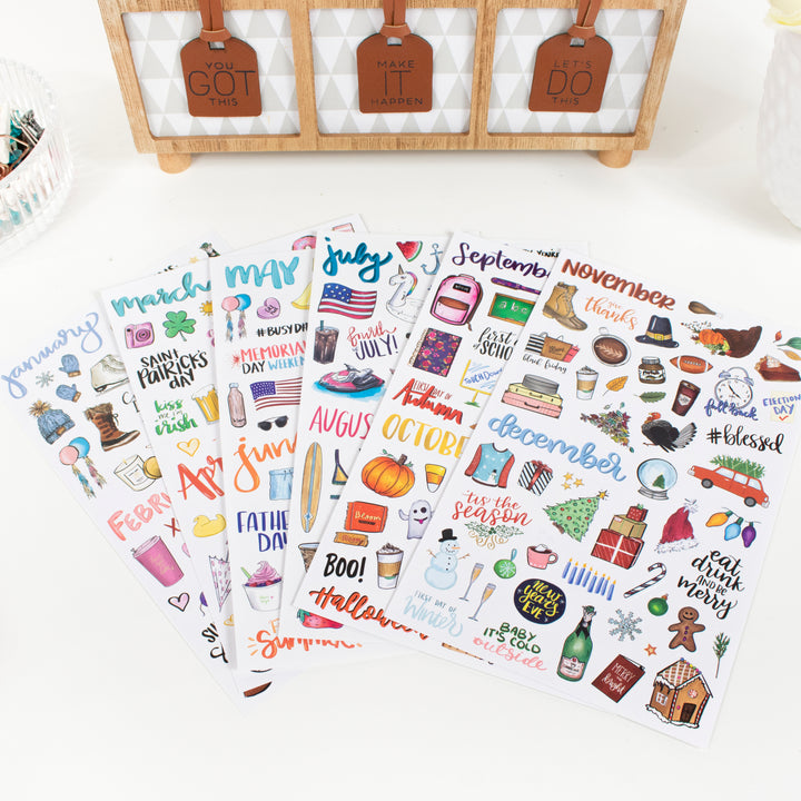 Vintage holiday hand-drawn planner stickers pack showcasing seasonal designs for each month.