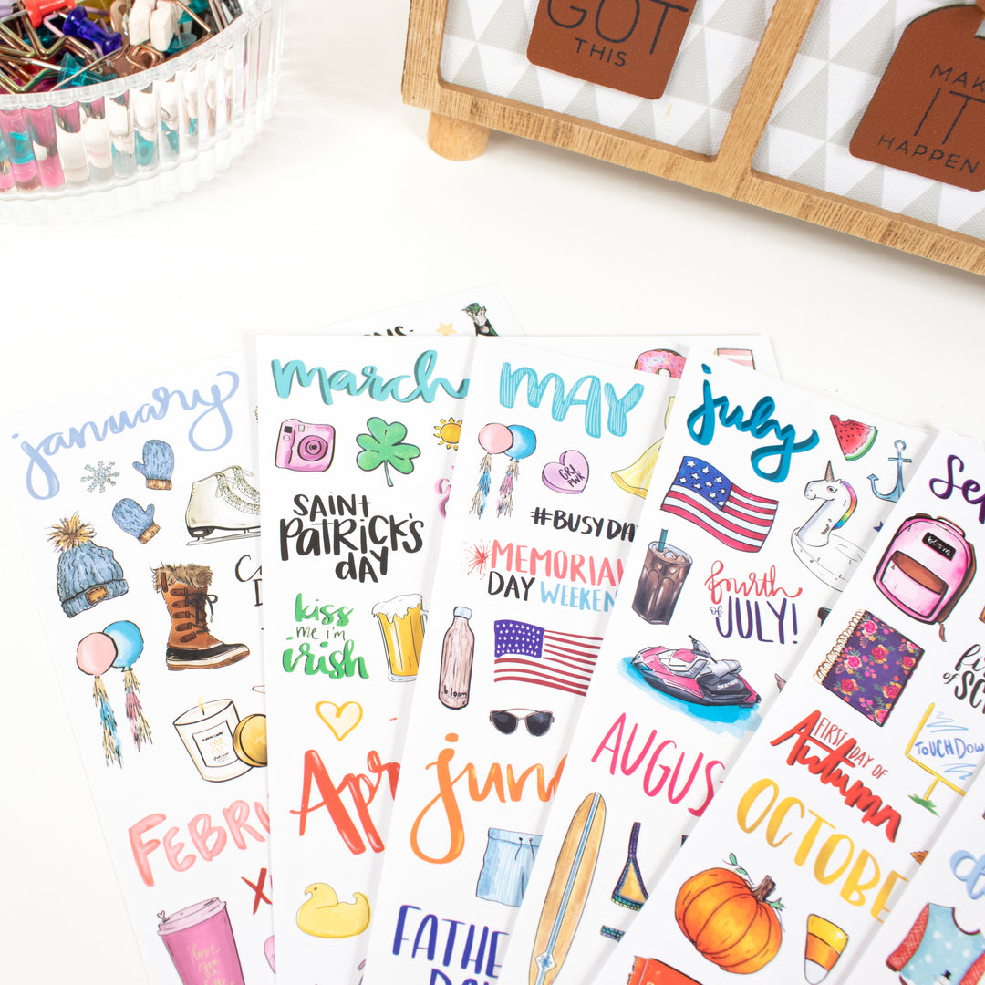 Vintage holiday planner stickers showcasing hand-drawn designs for each month and seasonal celebrations.