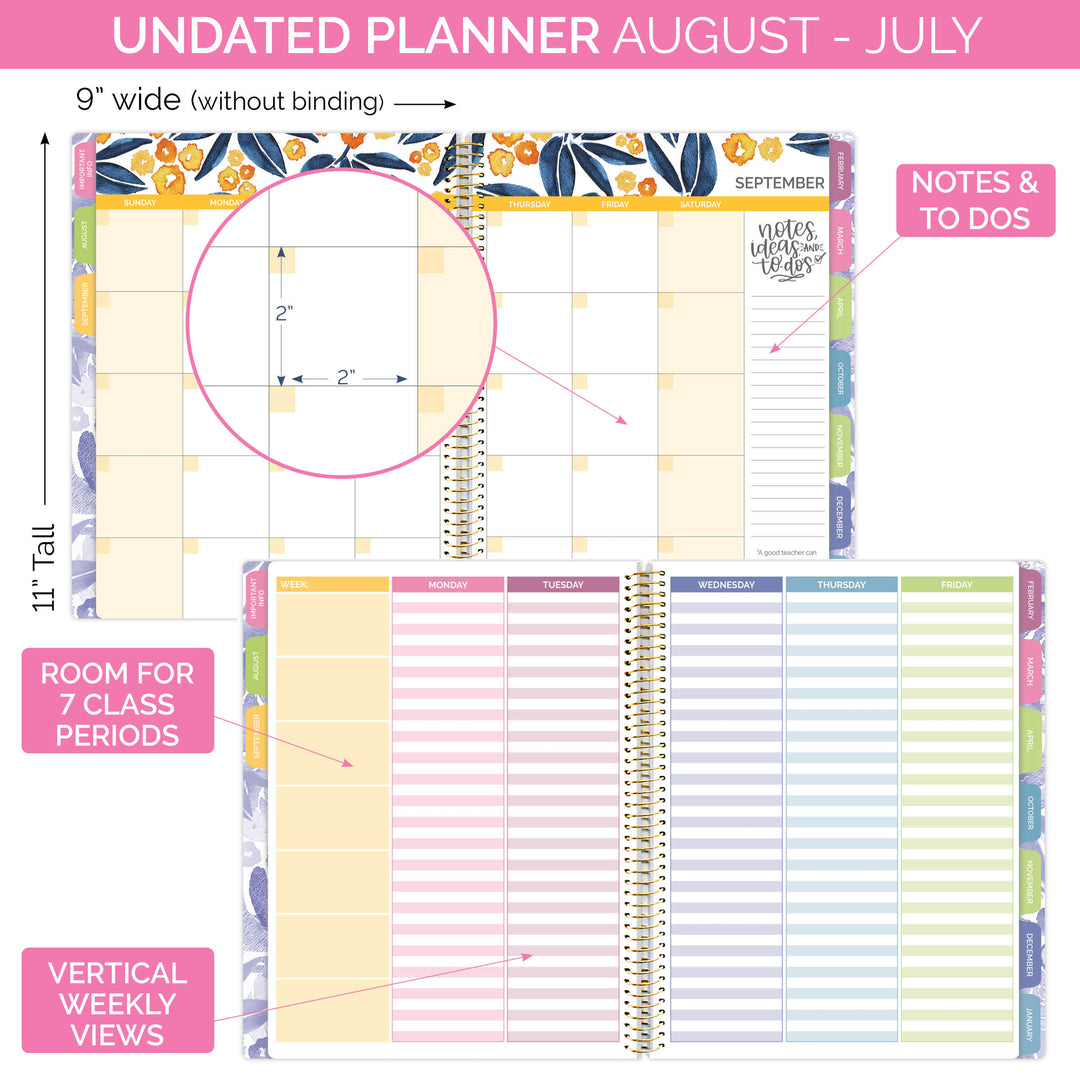 Undated Teacher Planner & Calendar, Watercolor Floral