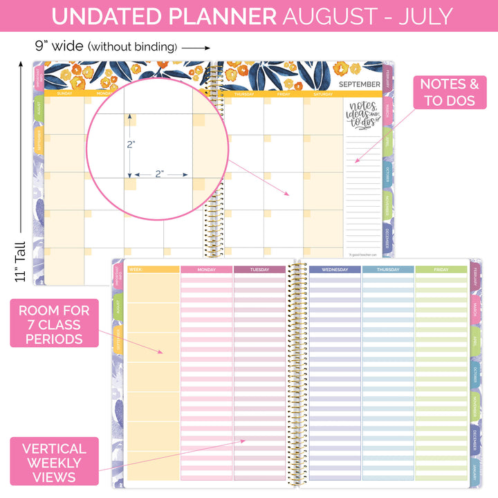 Undated Teacher Planner & Calendar, Watercolor Floral