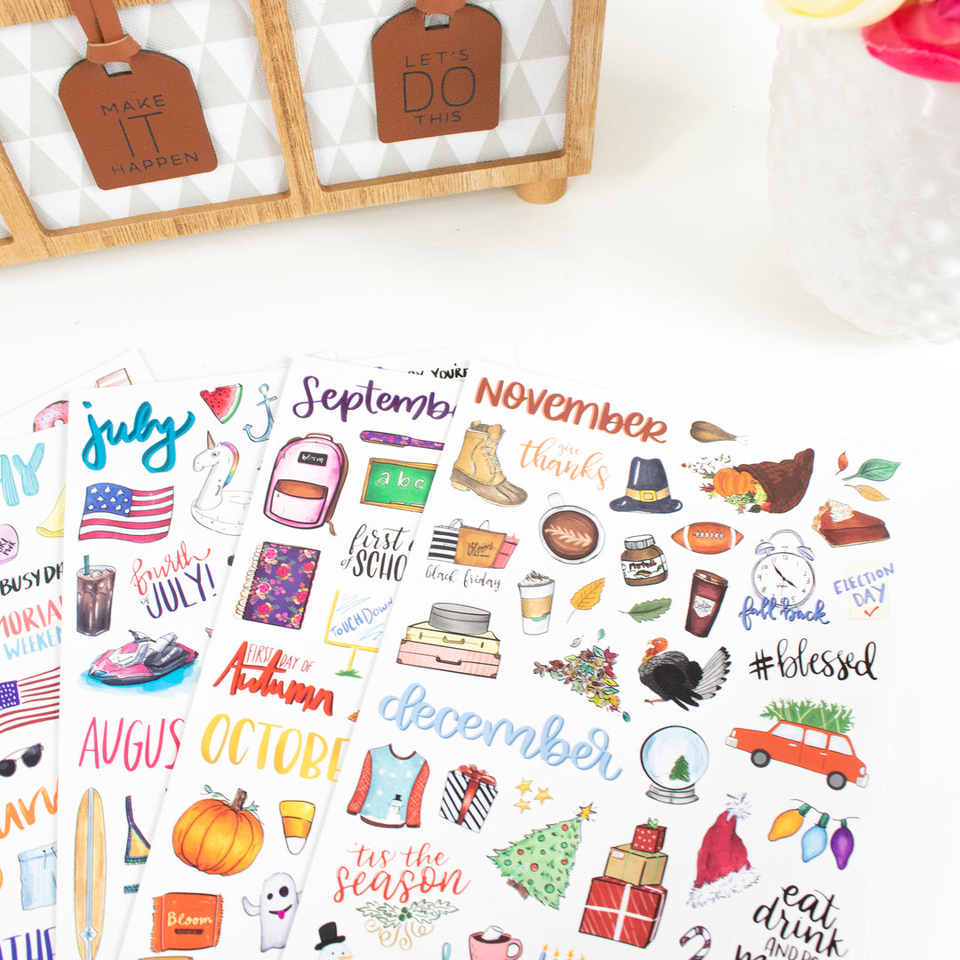 Vintage holiday hand-drawn planner stickers featuring seasonal designs for each month.