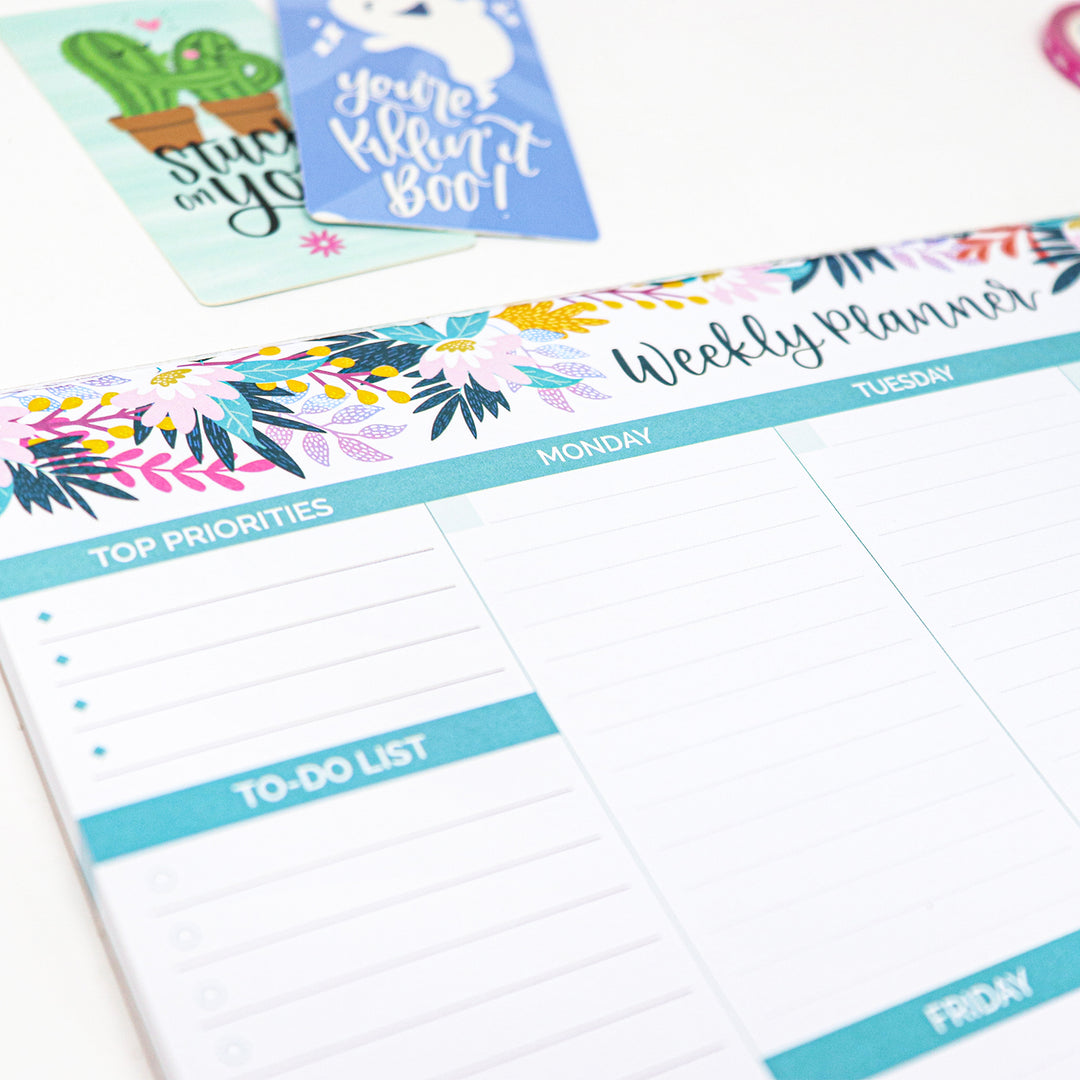 Planning Pad, 8.5" x 11", Horizontal Weekly Planner, Teal Floral