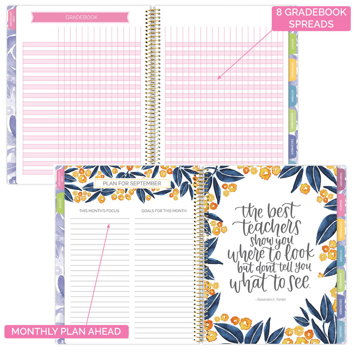 Undated Teacher Planner & Calendar, Watercolor Floral