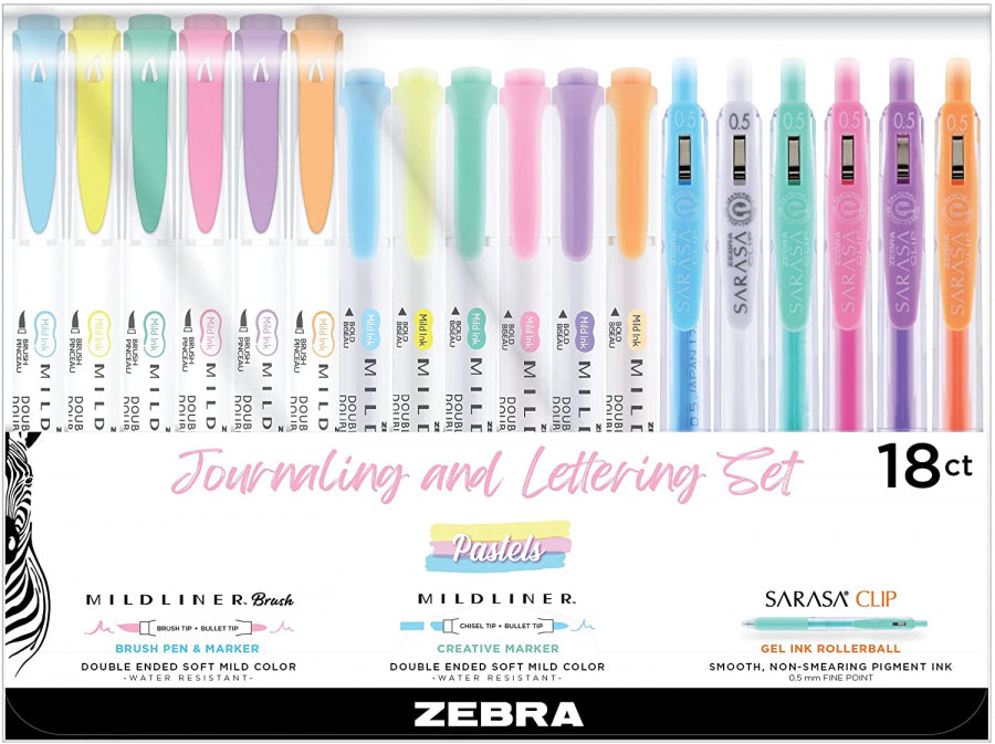 Zebra Pen Journaling and Lettering Set - Mildliners, Brush Pens, Sarasa Gel Pens, Pastel Ink Colors, 18-Pack